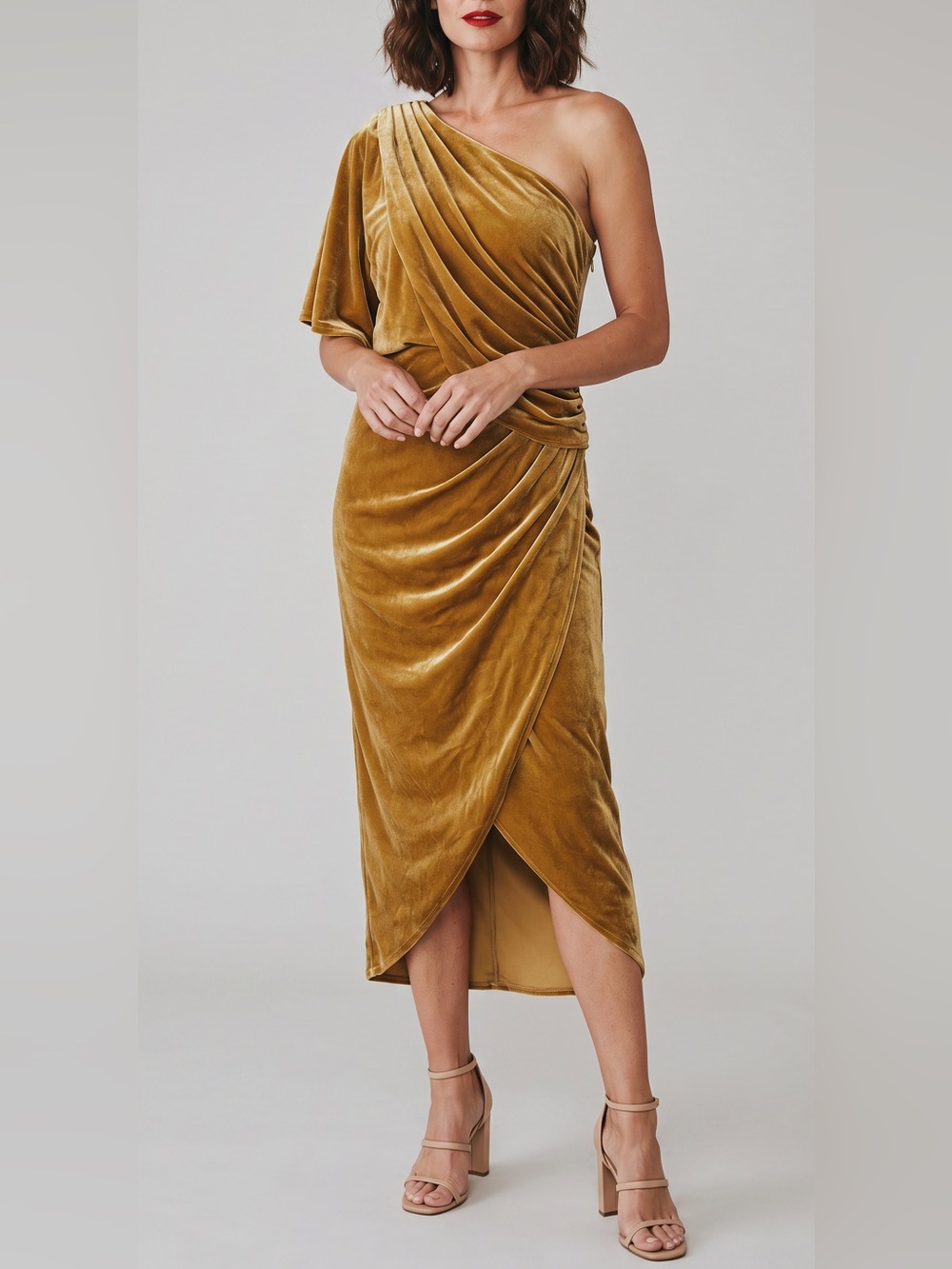 One-Shoulder Velvet Wrap Midi Dress plus size  evening wear elegant